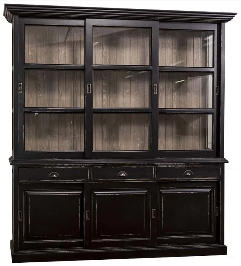 Casa Padrino Landhausstil Küchenschrank Antik Schwarz / Braun 206 x 53 x H. 219 cm - 2 Teiliger Küchenschrank mit 6 Schiebetüren und 3 Schubladen