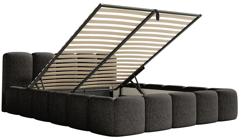 Gepolstertes Bett 200x200 cm Cloudy Low mit Stauraum, graphitfarbener hydrophober Chenillebezug, Metallrahmen