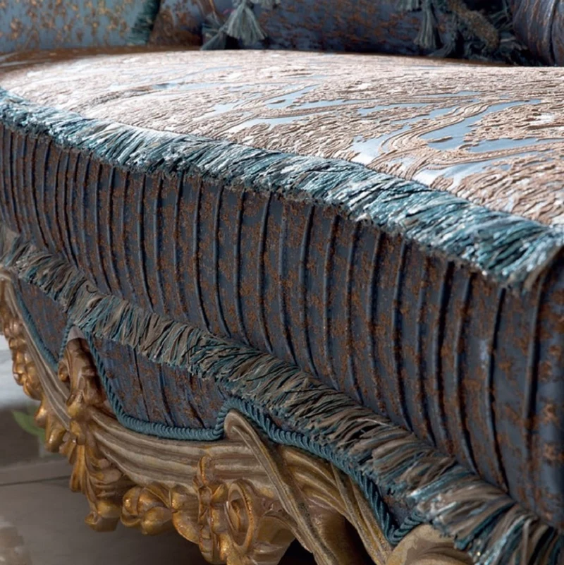 Casa Padrino Luxus Barock Sofa Blau / Kupfer / Silber / Braun / Gold 255 x 100 x H. 128 cm - Prunkvolles Wohnzimmer Sofa mit elegantem Muster - Möbel im Barockstil