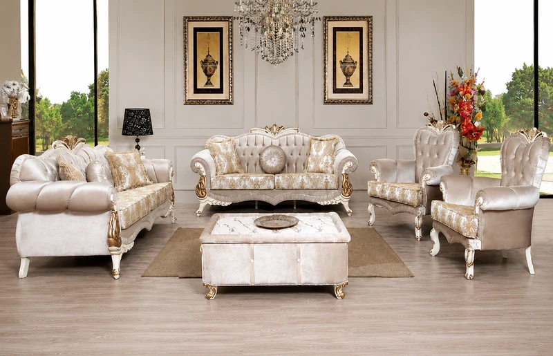 Casa Padrino Luxus Barock Wohnzimmer Set Rosa / Weiß / Gold - 2 Sofas mit Muster & 2 Sessel mit Muster & 1 Couchtisch - Prunkvolle Barock Wohnzimmer Möbel