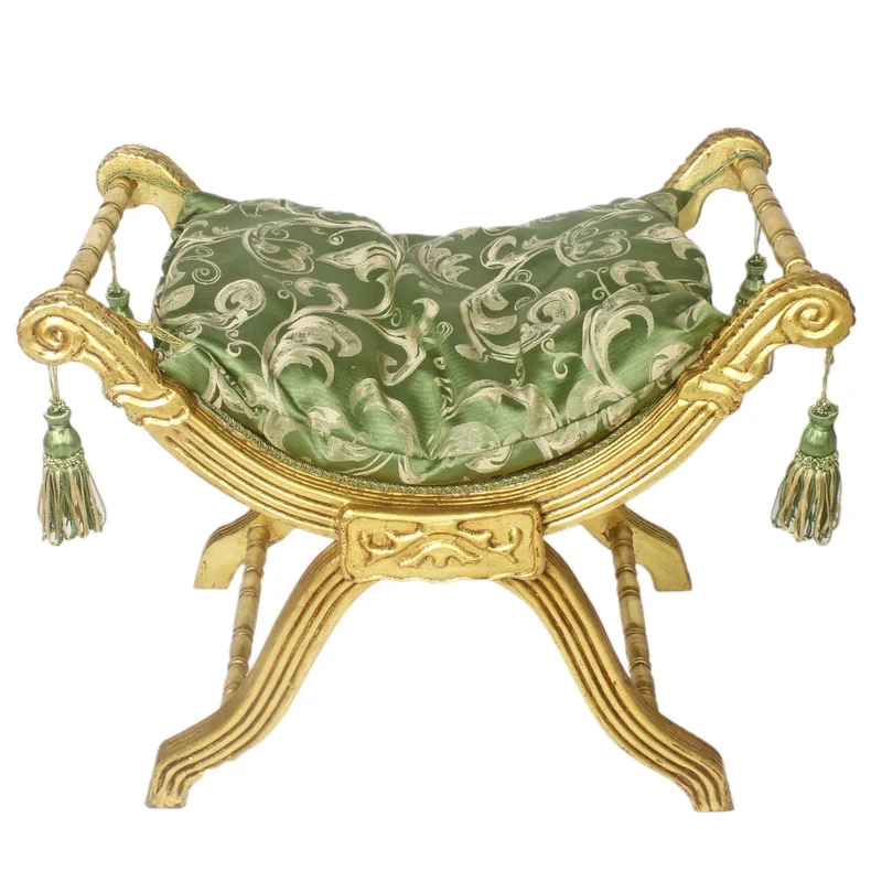 Casa Padrino Barock Sitzhocker - Kreuzhocker Grün Muster / Gold - Antik Möbel