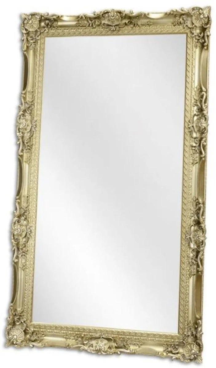 Casa Padrino Barock Spiegel Silber 118,5 x H. 208,5 cm - Garderoben Spiegel - Wohnzimmer Spiegel - Prunkvoller Wandspiegel im Barockstil