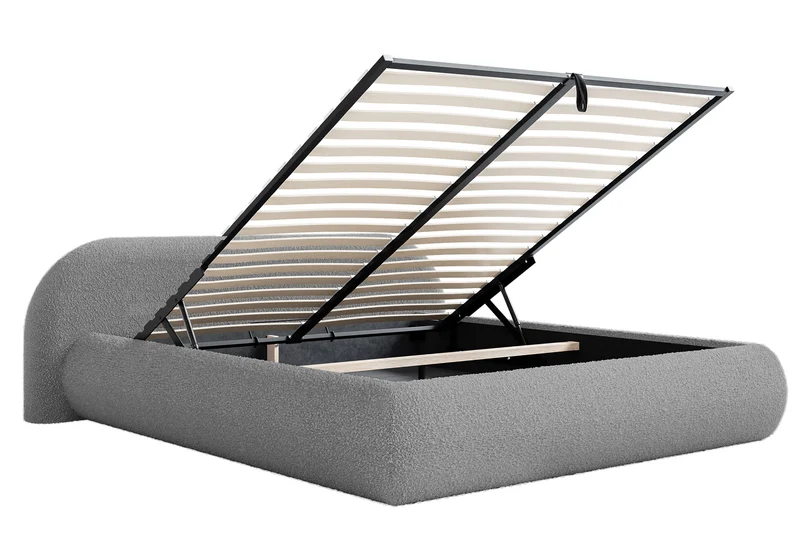 Gepolstertes Bett 160x200 cm Shels Low mit Stauraum, Metallrahmen, grauer Bouclé-Stoff