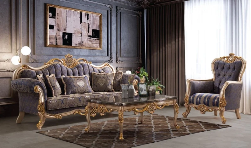 Casa Padrino Luxus Barock Sessel Blau / Silber / Gold 95 x 75 x H. 120 cm - Prunkvoller Wohnzimmer Sessel mit elegantem Muster - Barock Möbel