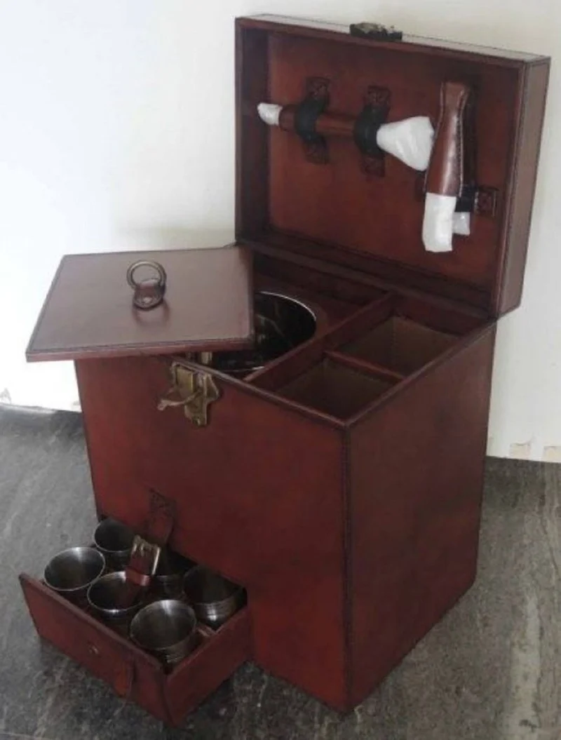 Casa Padrino Luxus Minibar Dunkelbraun 32 x 23 x H. 36 cm - Echtleder Kofferbar mit Zubehör - Luxus Accessoires
