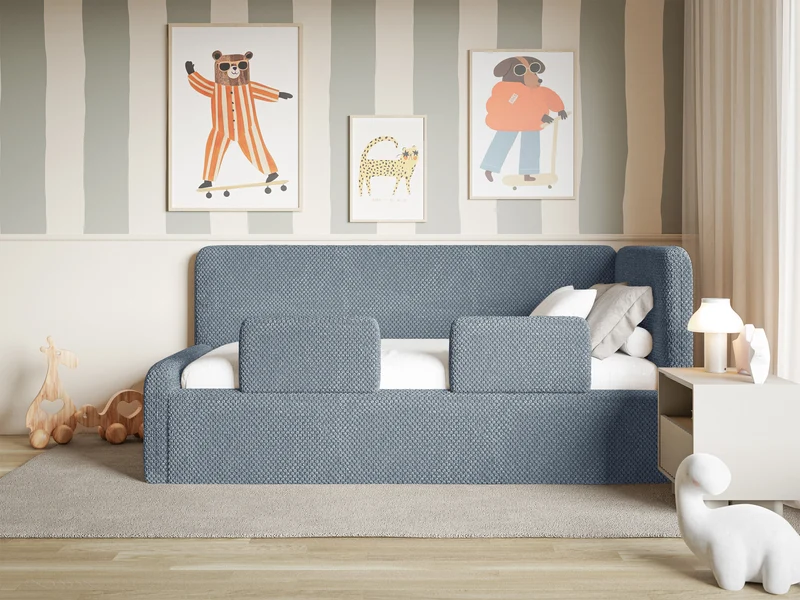 Jugendbett 120x200 cm Fanklo rechtsseitig mit Matratze, Stauraum und blauen, wasserabweisenden Plüsch-Gittern
