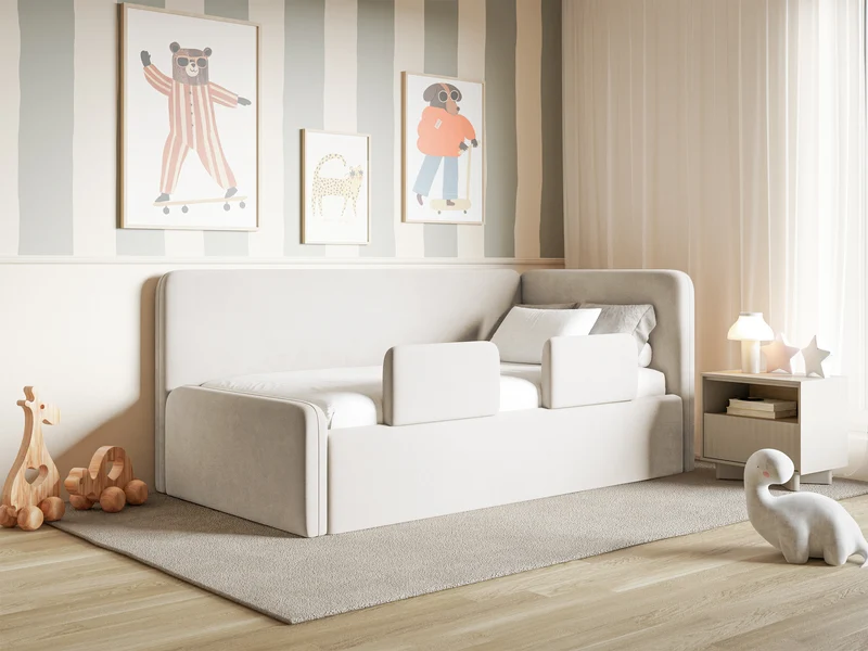 Jugendbett 120x200 cm Fanklo rechtsseitig mit Matratze, Stauraum und Geländern, hellbeiger Velours, wasserabweisend und leicht zu reinigen