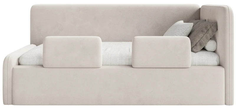 Jugendbett 120x200 cm Fanklo rechtsseitig mit Matratze, Stauraum und Geländern, hellbeiger Velours, wasserabweisend und leicht zu reinigen