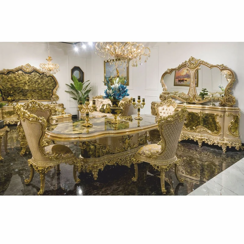 Casa Padrino Luxus Barock Esszimmer Set Grau / Grün / Gold - 1 Barock Esstisch & 6 Barock Esszimmer Stühle - Barock Esszimmer Möbel