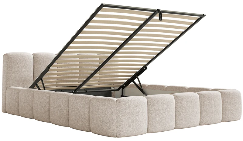 Polsterbett 160x200 cm Cloudy Low mit Stauraum, hellbeiger hydrophober Chenille-Stoff, Metallrahmen