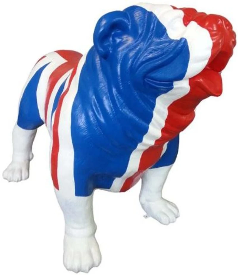 Casa Padrino Designer Deko Hund Bulldogge mit UK England Flagge Blau / Weiß / Rot 180 x H. 174 cm - Riesige Dekofigur - Gartendeko Skulptur - Gartenfigur