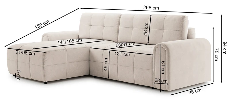 Ecksofa mit Schlaffunktion Simolla, L-förmig, linksseitig, mit Stauraum, grauer Chenille-Bezug