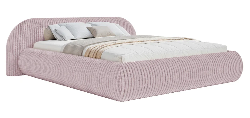 Polsterbett 180x200 cm Shels Low mit Stauraum, Metallrahmen, dicke rosa Cordstoffbezüge