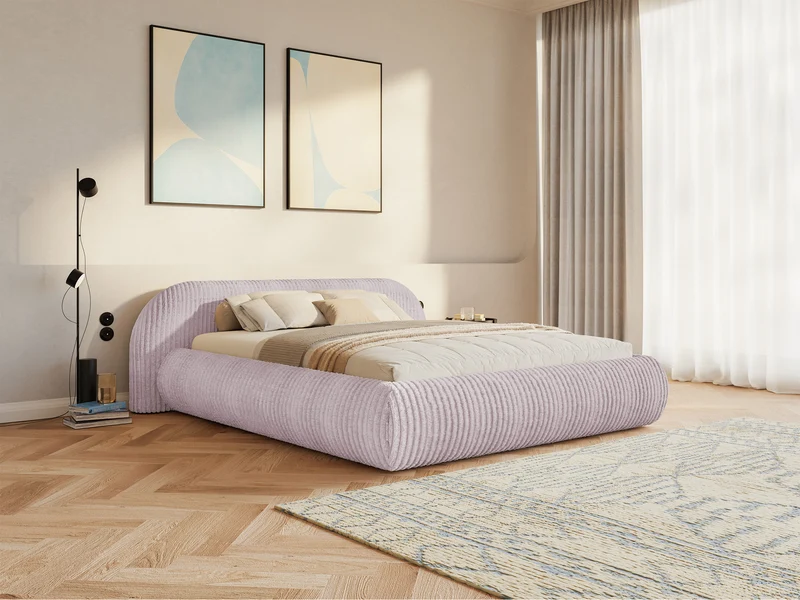 Polsterbett 180x200 cm Shels Low mit Stauraum, Metallrahmen, dicke rosa Cordstoffbezüge