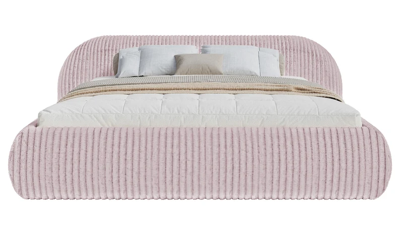 Polsterbett 180x200 cm Shels Low mit Stauraum, Metallrahmen, dicke rosa Cordstoffbezüge