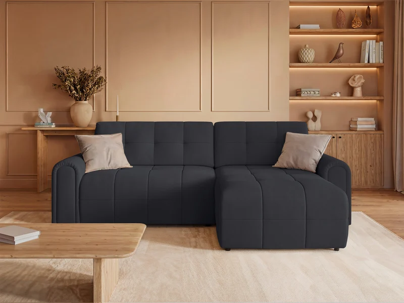 Ecksofa mit Schlafunktion Simolla, L-förmig, rechtsseitig, mit Stauraum, dunkelgrauer Chenille-Bezug