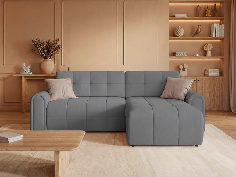 Ecksofa mit Schlaffunktion Simolla, L-förmig, rechtsseitig mit Stauraum, grauer Chenille-Bezug