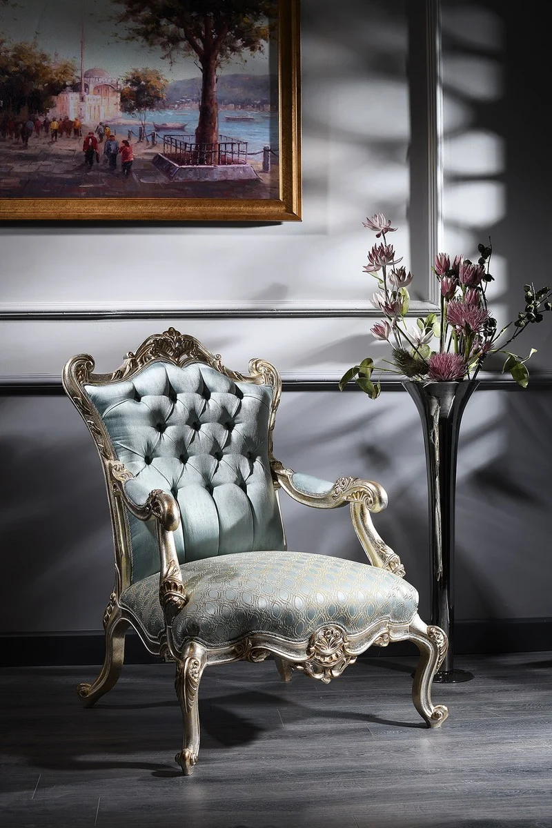 Casa Padrino Luxus Barock Chesterfield Thron Sessel Türkis / Gold / Silber 87 x 83 x H. 110 cm - Barockmöbel
