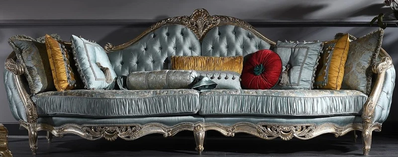 Casa Padrino Luxus Barock Sofa Türkis / Silber / Gold 310 x 99 x H. 113 cm - Prunkvolles Chesterfield Wohnzimmer Sofa im Barockstil