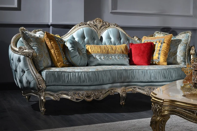 Casa Padrino Luxus Barock Sofa Türkis / Silber / Gold 310 x 99 x H. 113 cm - Prunkvolles Chesterfield Wohnzimmer Sofa im Barockstil