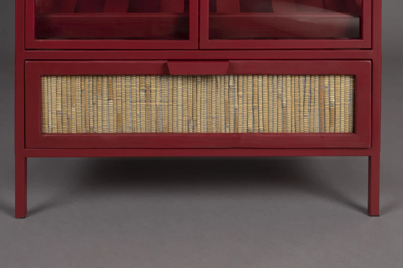 Weinschrank Weinregal MORI Vitrine aus Metall Rot mit Rattanschublade