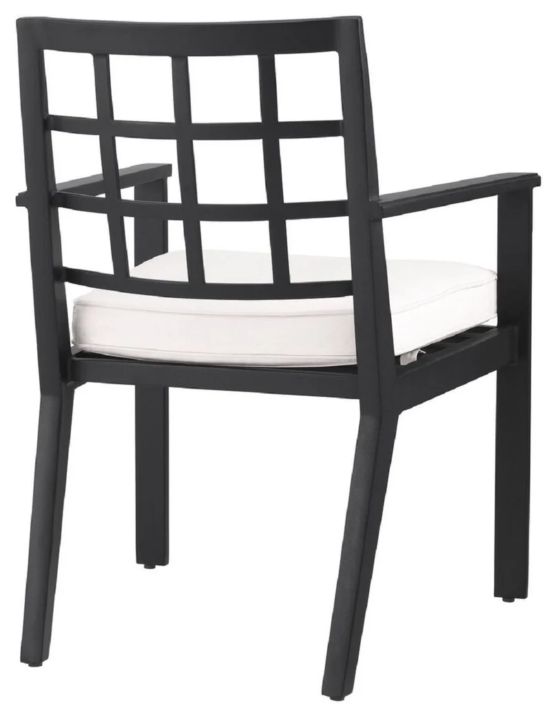 Casa Padrino Luxus Esszimmerstuhl mit Armlehnen Schwarz / Weiß 64,5 x 65 x H. 88,5 cm - Wetterbeständiger Aluminium Stuhl mit Sitzkissen - Garten Terrassen Stuhl - Luxus Qualität