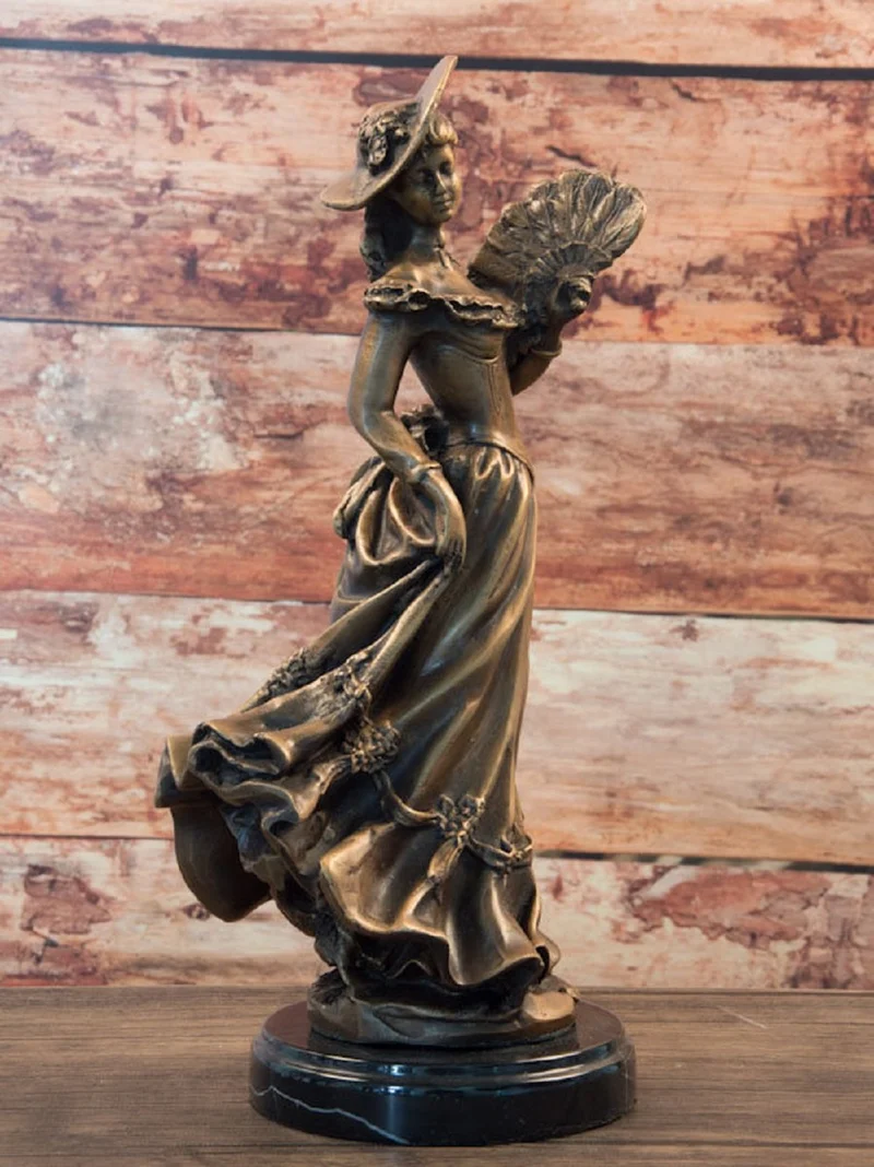 Casa Padrino Jugendstil Bronze Skulptur Dame Bronzefarben / Schwarz 17 x 12 x H. 33 cm - Bronze Skulptur mit Marmorsockel - Barock & Jugendstil Deko Accessoires