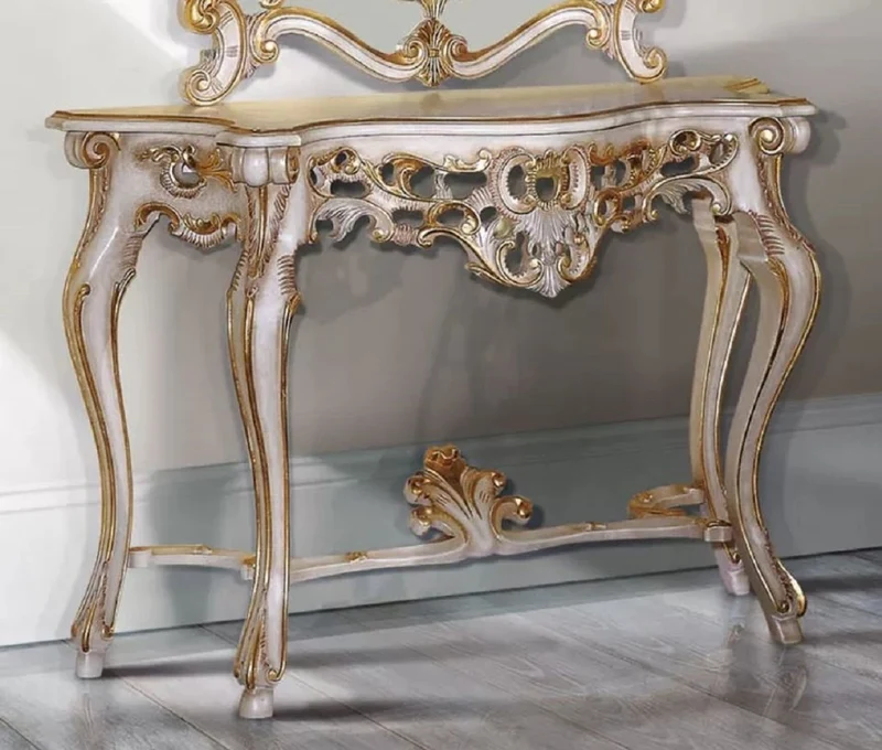 Casa Padrino Luxus Barock Konsole Weiß / Antik Gold - Handgefertigter Massivholz Konsolentisch - Barock Möbel - Luxus Qualität - Made in Italy