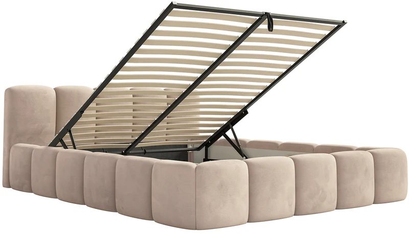 Polsterbett 160x200 cm Cloudy Low mit Stauraum, beige, Velours, wasserabweisend, pflegeleicht, Metallrahmen
