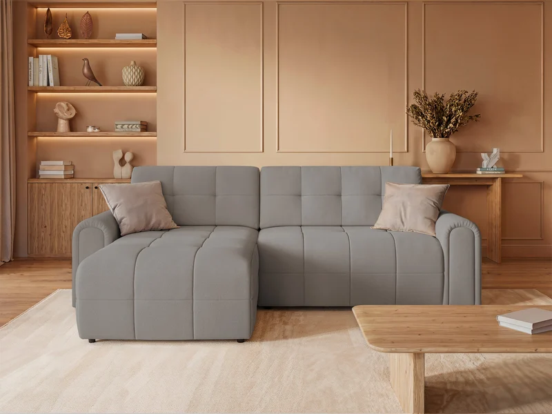 Ecksofa mit Schlaffunktion Simolla, L-förmig, linksseitig, mit Stauraum, grau-beiger Chenille-Stoff