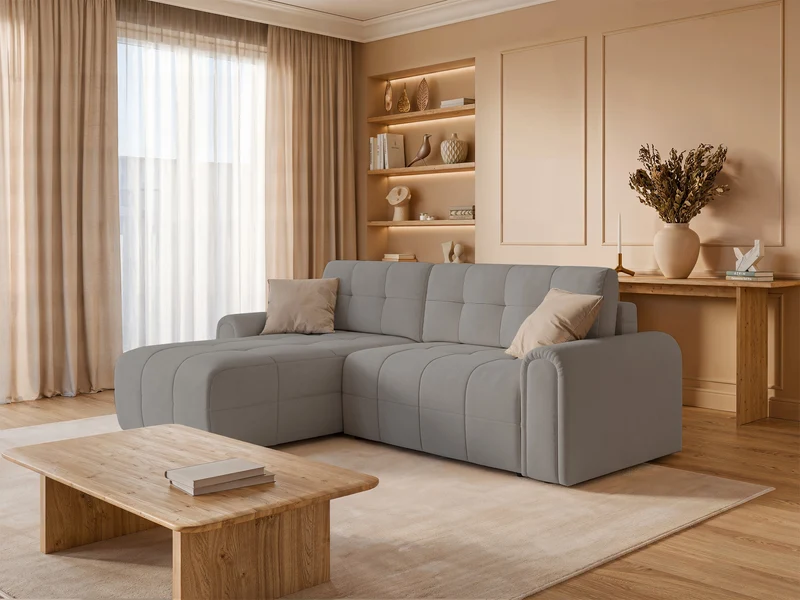 Ecksofa mit Schlaffunktion Simolla, L-förmig, linksseitig, mit Stauraum, grau-beiger Chenille-Stoff