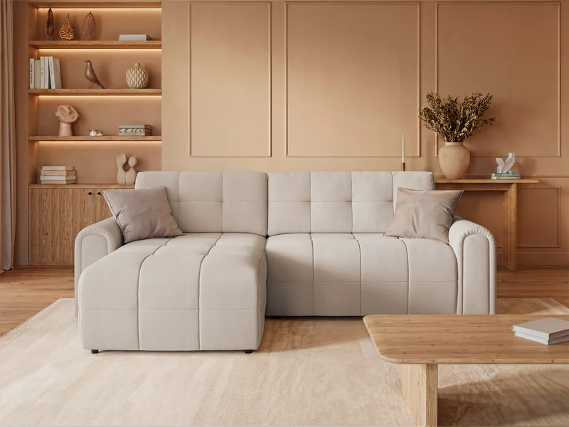 Simolla Ecksofa mit Schlaffunktion, L-Form, linksseitig, mit Stauraum, cremefarbenes Chenille