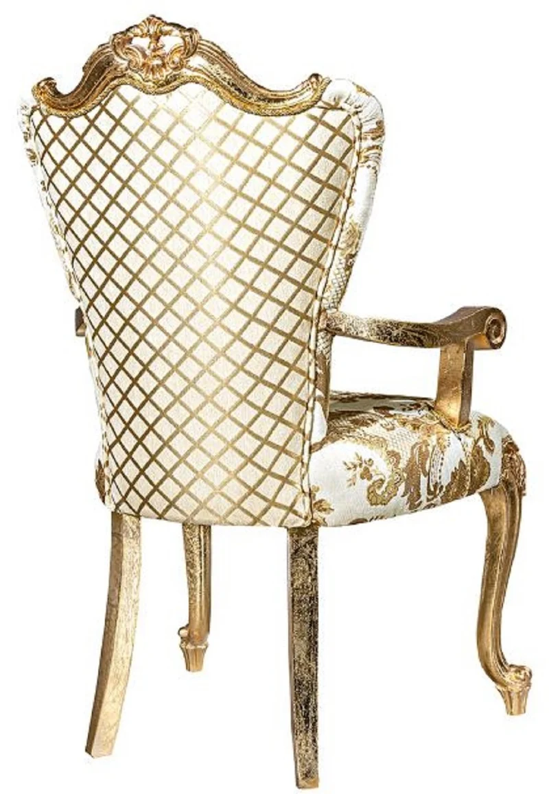 Casa Padrino Luxus Barock Esszimmerstuhl Set Weiß / Gold - 6 handgefertigte Küchen Stühle mit Armlehnen und elegantem Muster - Barock Esszimmer Möbel - Edel & Prunkvoll