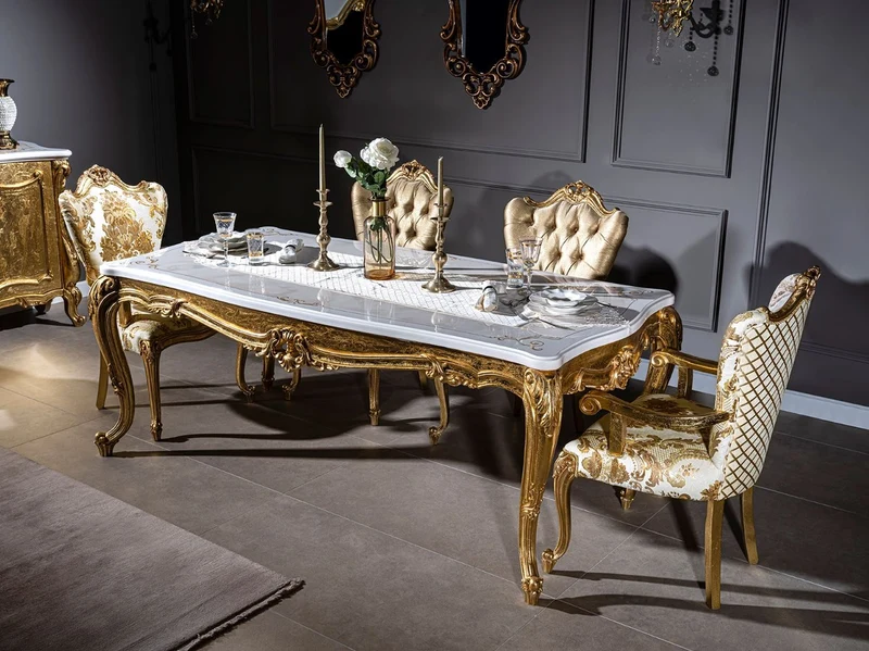 Casa Padrino Luxus Barock Esszimmerstuhl Set Weiß / Gold - 6 handgefertigte Küchen Stühle mit Armlehnen und elegantem Muster - Barock Esszimmer Möbel - Edel & Prunkvoll