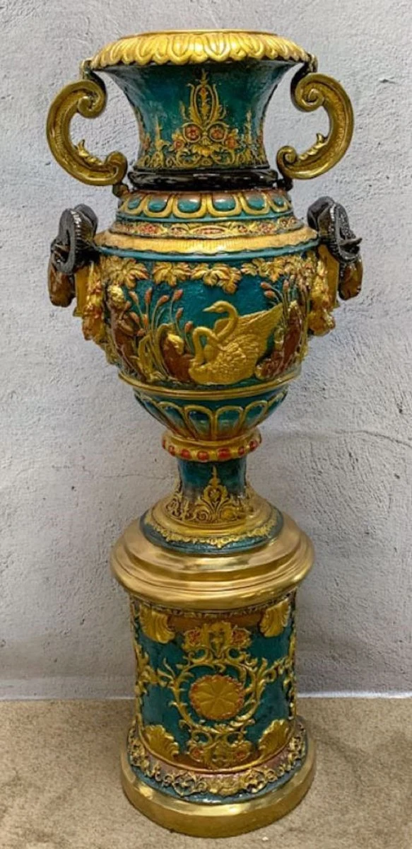 Casa Padrino Luxus Barock Bronze Vase Mehrfarbig / Gold 53 x 43 x H. 127 cm - Prunkvolle Vase mit Sockel - Barock Deko Accessoires