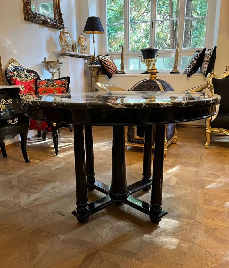 Casa Padrino Luxus Esstisch Schwarz Ø 120 x H. 80 cm - Runder Massivholz Küchentisch mit Marmorplatte - Esszimmer Möbel - Luxus Möbel