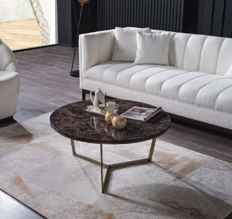 Casa Padrino Luxus Couchtisch Schwarz / Messing Ø 90 x H. 41 cm - Runder Wohnzimmertisch mit Kunstmarmor Tischplatte - Wohnzimmer Möbel - Hotel Möbel - Luxus Möbel