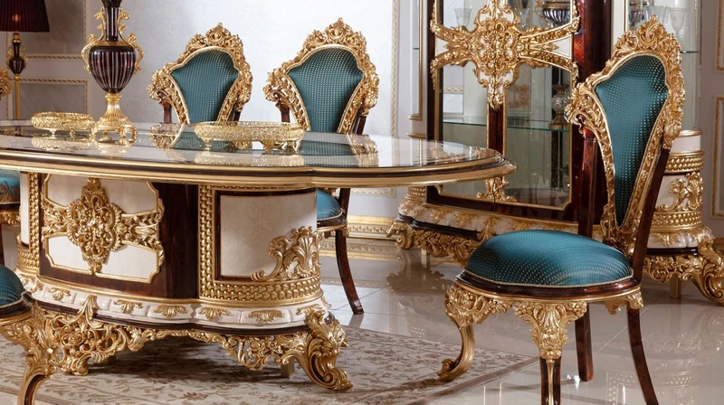 Casa Padrino Luxus Barock Esstisch Weiß / Braun / Gold - Prunkvoller Massivholz Esszimmertisch im Barockstil - Barock Esszimmer Möbel - Edel & Prunkvoll