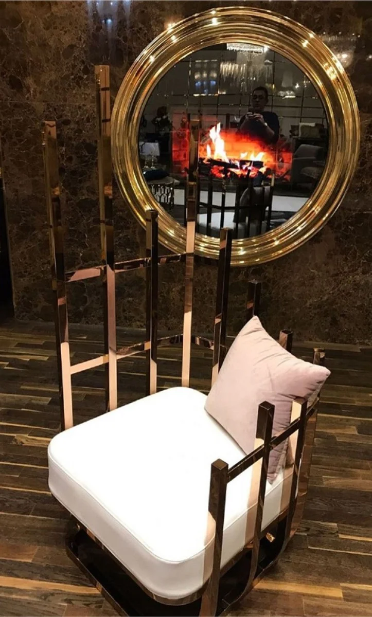 Casa Padrino Luxus Designer Sessel linke Seite mit Kissen Weiß / Grau / Gold 68 x 68 x H. 153 cm - Wohnzimmer Möbel - Hotel Möbel - Luxus Möbel