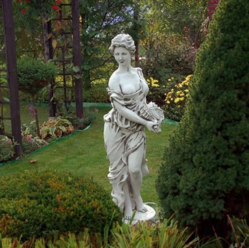 Casa Padrino Jugendstil Garten Deko Skulptur Frau mit Muschel Grau 44 x 44 x H. 138 cm - Elegante Garten Deko Stein Figur - Barock & Jugendstil Garten Deko Accessoires