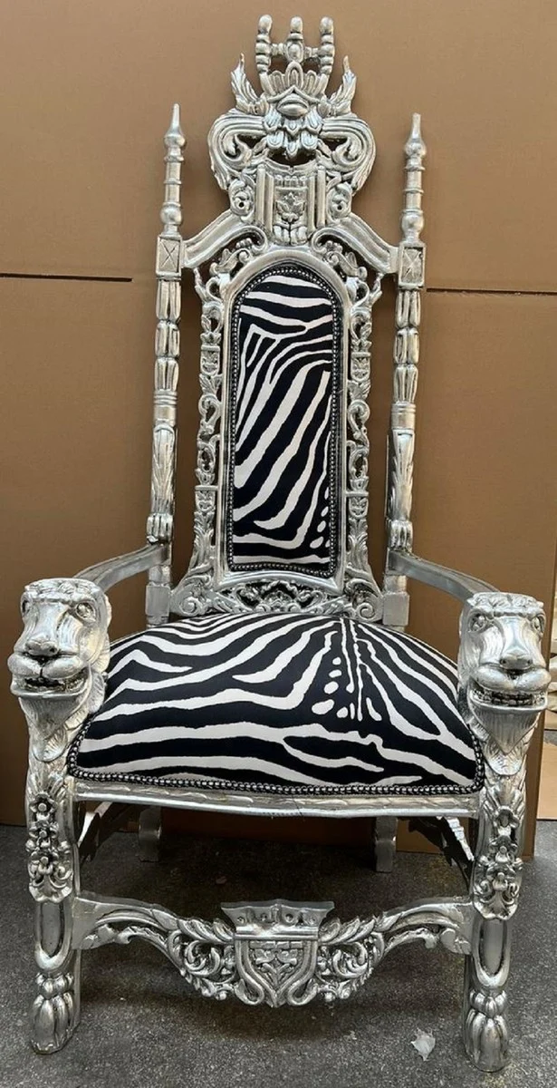 Casa Padrino Barock Thron Sessel Schwarz / Weiß / Silber - Prunkvoller Barockstil Königssessel mit edlem Samtstoff im Zebra Design - Barockstil Hochzeitssessel - Barock Riesensessel - Barock Möbel