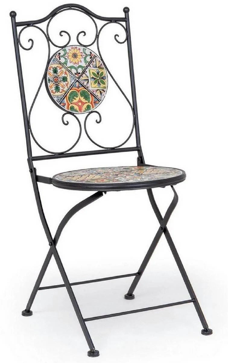 Casa Padrino Jugendstil Gartenstuhl 6er Set Schwarz / Mehrfarbig 39 x 47 x H. 92 cm - Klappbare Stühle mit Keramik Platten - Nostalgische Garten & Gastronomie Möbel