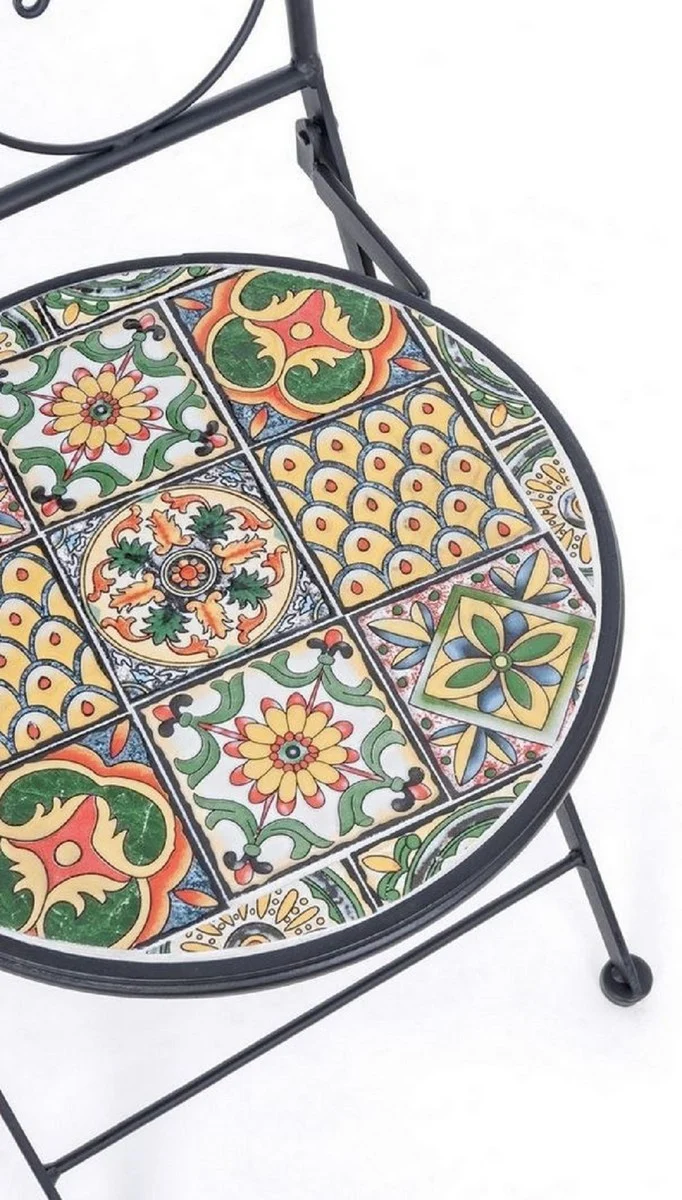 Casa Padrino Jugendstil Gartenstuhl 6er Set Schwarz / Mehrfarbig 39 x 47 x H. 92 cm - Klappbare Stühle mit Keramik Platten - Nostalgische Garten & Gastronomie Möbel