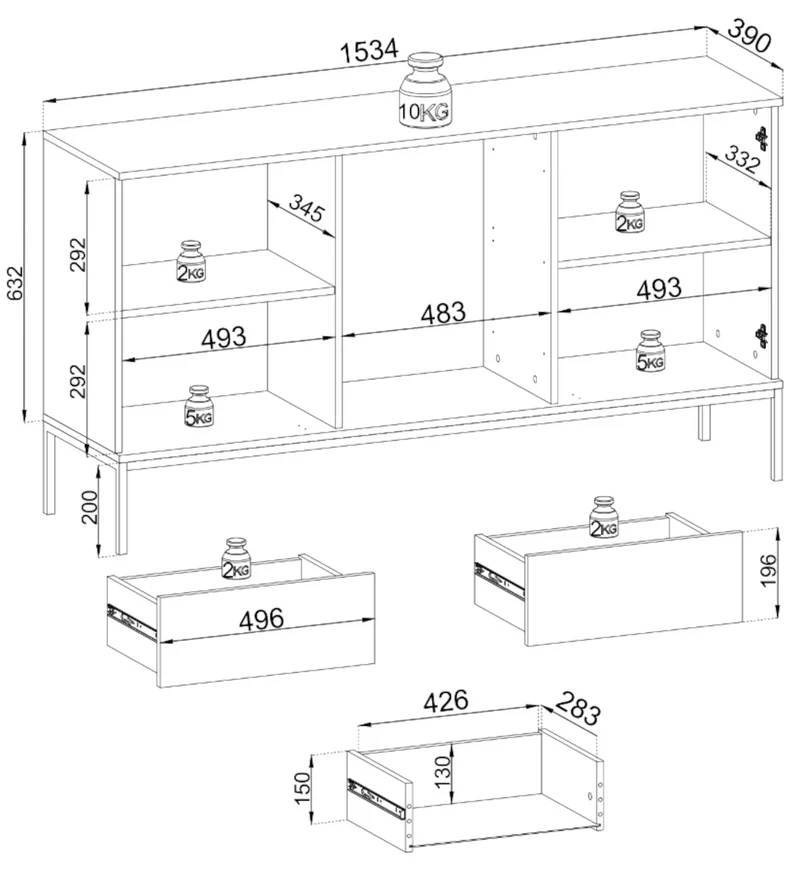 Tosena Kommode mit zwei Türen, Schubladen und LED-Beleuchtung, 154 cm, Schwarz/Wotan-Eiche
