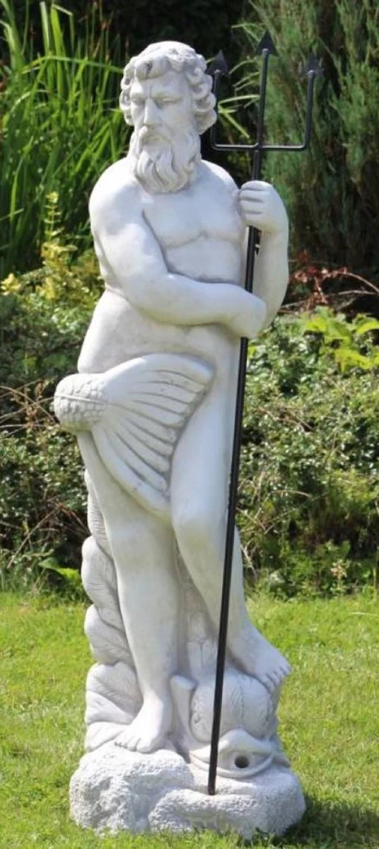 Casa Padrino Jugendstil Wasserspeier Skulptur Neptun mit Fisch Grau / Schwarz 35 x 35 x H. 123 cm - Elegante Wasserspeier Stein Figur - Barock & Jugendstil Garten Deko Accessoires