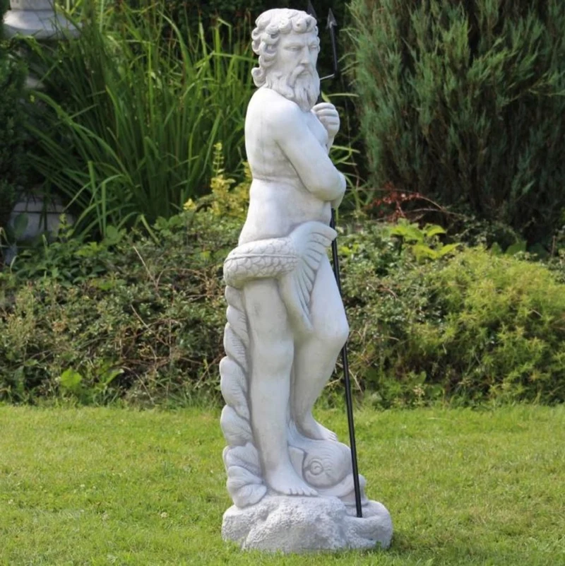 Casa Padrino Jugendstil Wasserspeier Skulptur Neptun mit Fisch Grau / Schwarz 35 x 35 x H. 123 cm - Elegante Wasserspeier Stein Figur - Barock & Jugendstil Garten Deko Accessoires