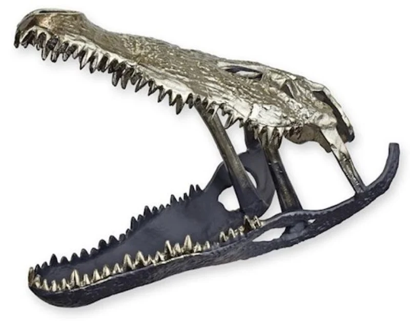 Casa Padrino Luxus Aluminium Deko Skulptur Krokodil Schädel Silber / Schwarz 54,5 x 27 x H. 38,4 cm - Aluminium Deko Figur - Wohnzimmer Deko - Schreibtisch Deko