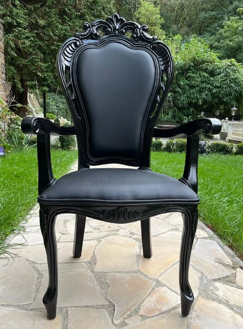 Casa Padrino Luxus Barock Esszimmer Stuhl Schwarz - Handgefertigter Antik Stil Stuhl mit Armlehnen und edlem Kunstleder - Esszimmer Möbel im Barockstil - Edel & Prunkvoll