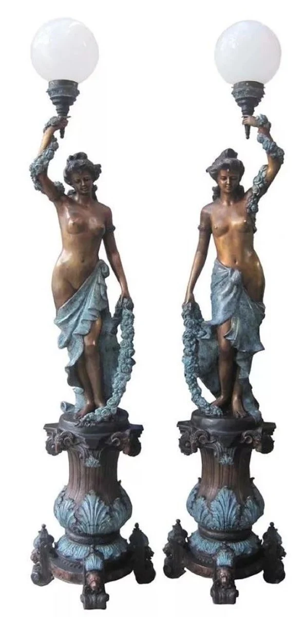 Casa Padrino Luxus Jugendstil Stehleuchten Set Damen Bronze / Mehrfarbig / Weiß 60 x 60 x H. 234 cm - Prunkvolle Bronze Skulpturen mit Lampe - Barock & Jugendstil Bronze Stehleuhten