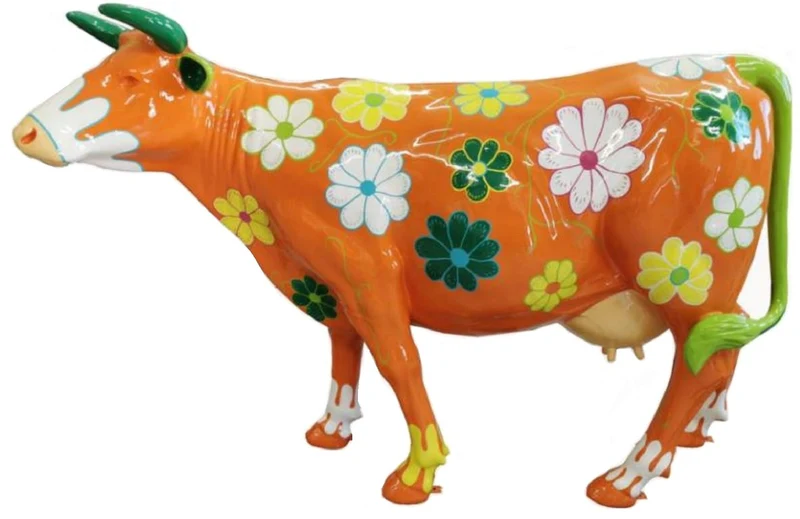 Casa Padrino Luxus Deko Skulptur Kuh Orange / Mehrfarbig 210 x 55 x H. 147 cm - Riesige Gartenskulptur - Lebensgroße Skulptur - XXL Deko Skulptur - XXL Deko Figur - XXL Tierfigur - Deko Tierfigur